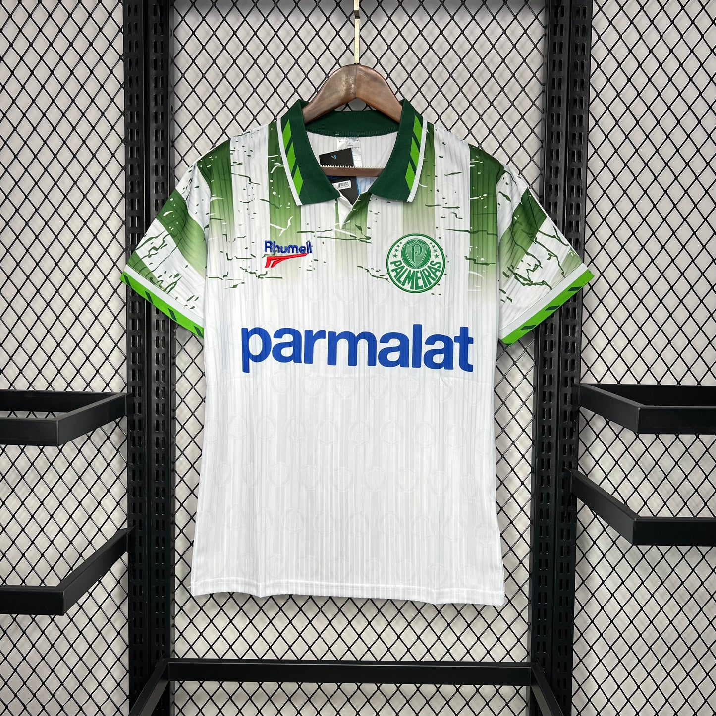 Palmeiras “Parmalat” 1993–94 — Camiseta away Rhumell blanca (cuello polo)