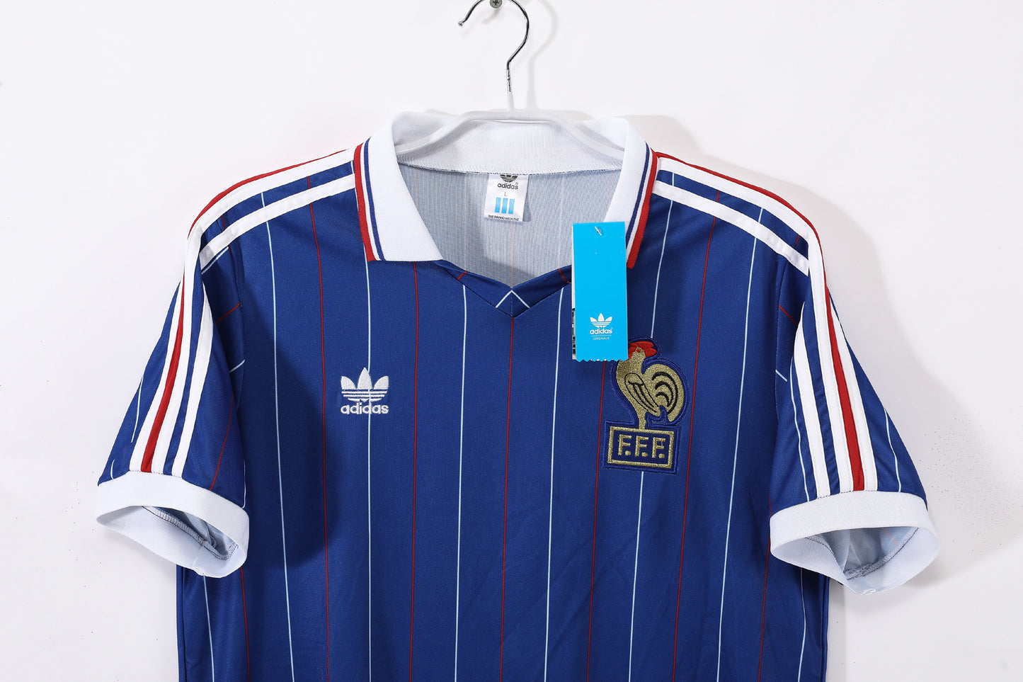 Camiseta Francia adidas Local 1984–1986 (Euro ’84/86) – Azul con pinstripes (Trefoil)