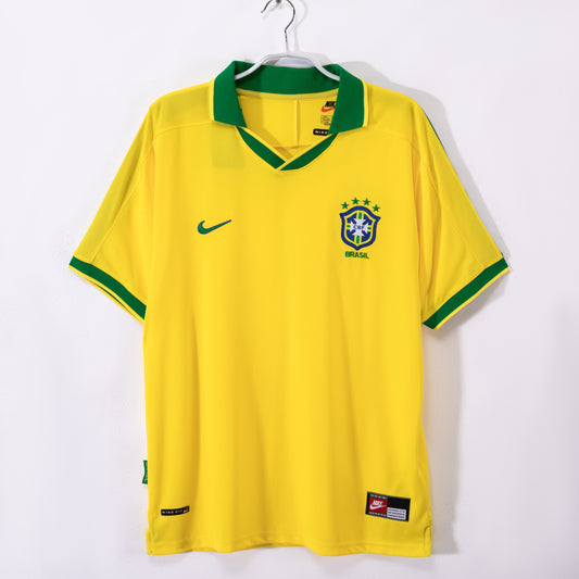 Camiseta Brasil Nike Local 2002–2004 – Amarilla con cuello polo verde (5 estrellas) – NikeFIT