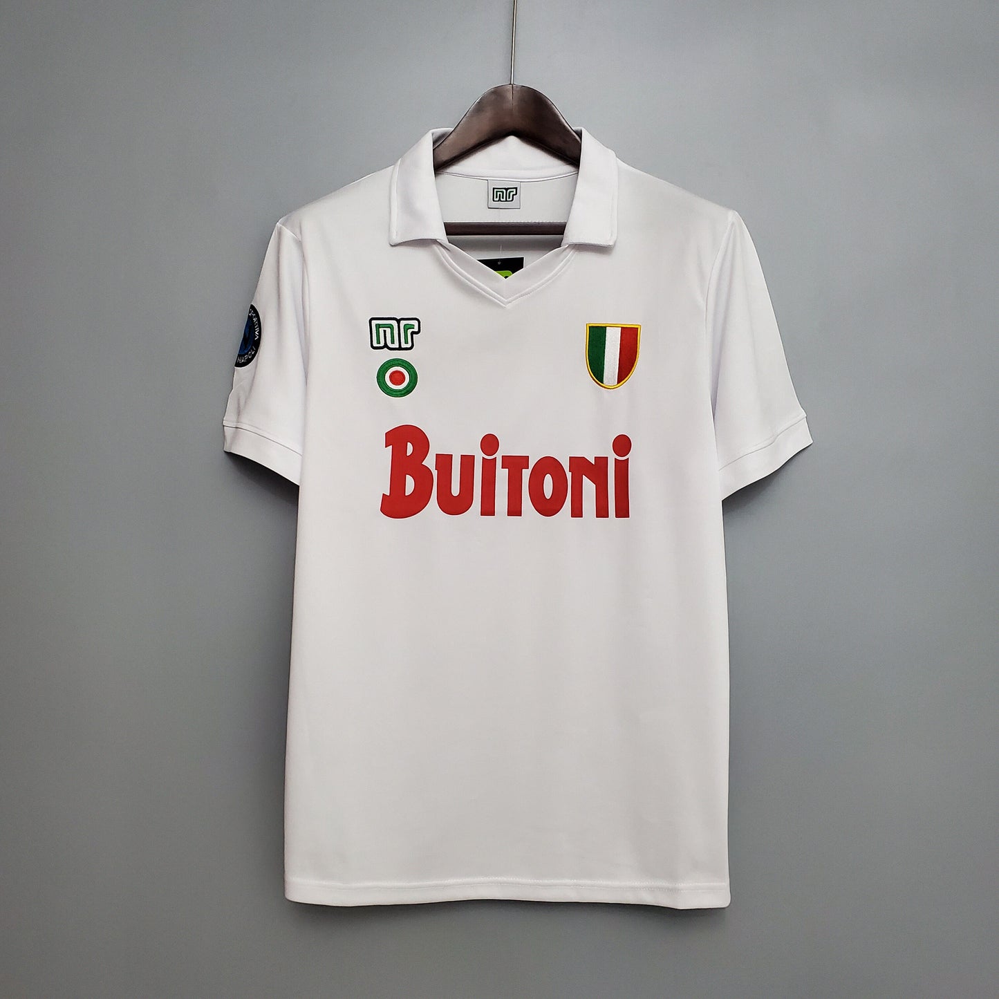 SSC Napoli “Buitoni” Scudetto 1987–88 — Camiseta away NR blanca (cuello polo)