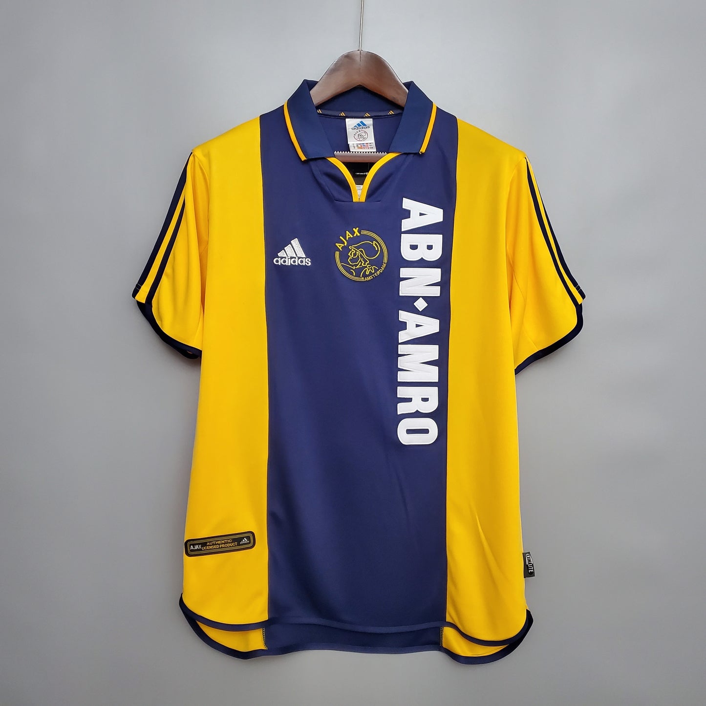 Ajax “ABN-AMRO” 2000–01 — Camiseta away Adidas amarilla/azul (cuello polo)