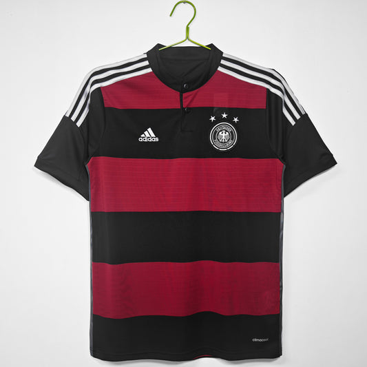 Camiseta Alemania adidas Away 2014/15 (Brasil 2014) – Negra con franjas rojas, cuello henley – Climacool