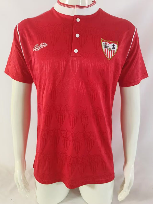 Sevilla FC 1988–90 — Camiseta away Bukta roja (cuello henley 3 botones)