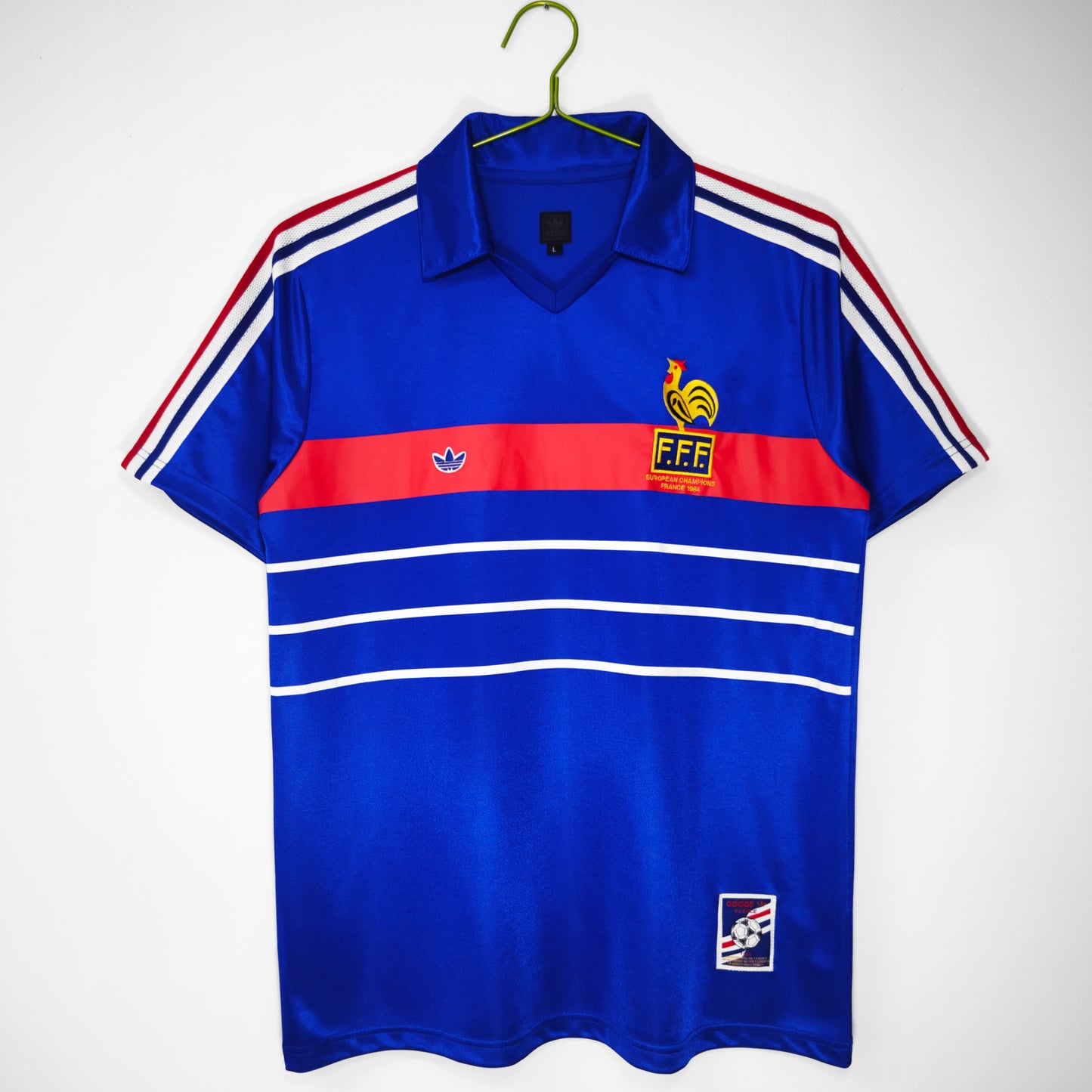 Camiseta Francia adidas Local 1982/83 (España ’82) – Azul con banda roja y líneas blancas (Trefoil)