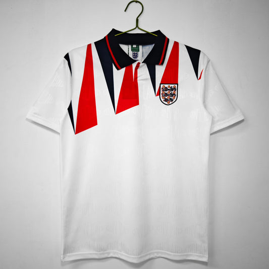 Camiseta Inglaterra Score Draw Retro – Home 1990–1992 | Blanca con picos rojo/marino y cuello polo