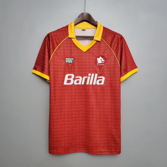 AS Roma “Barilla” 1987–89 — Camiseta home NR (Ennerre) granate (cuello amarillo)