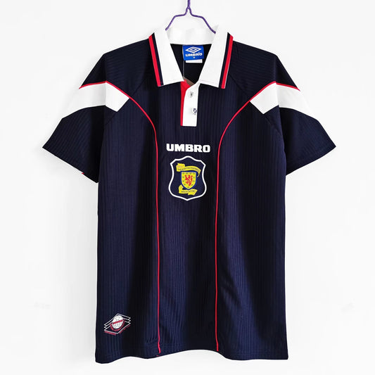 Camiseta Escocia 1999-01 Home Azul Marino – Umbro (play-off vs. Inglaterra, Collins & Hutchison)
